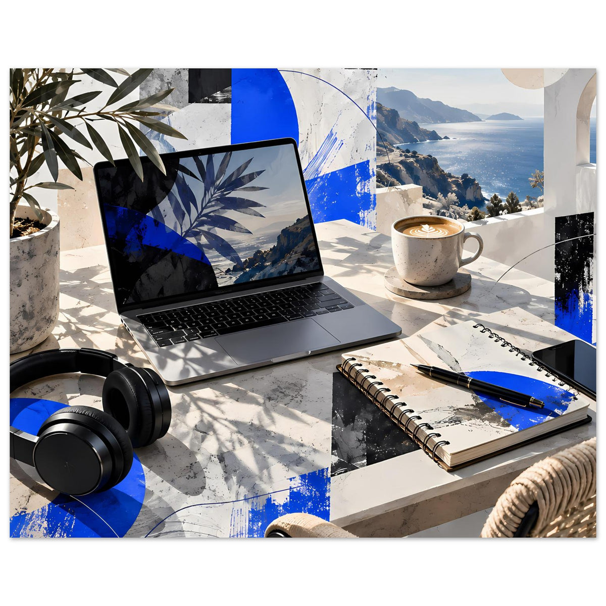 Poster im Küsten-Look mit Laptop, Tasse und Notizblock, blauen Farbakzenten