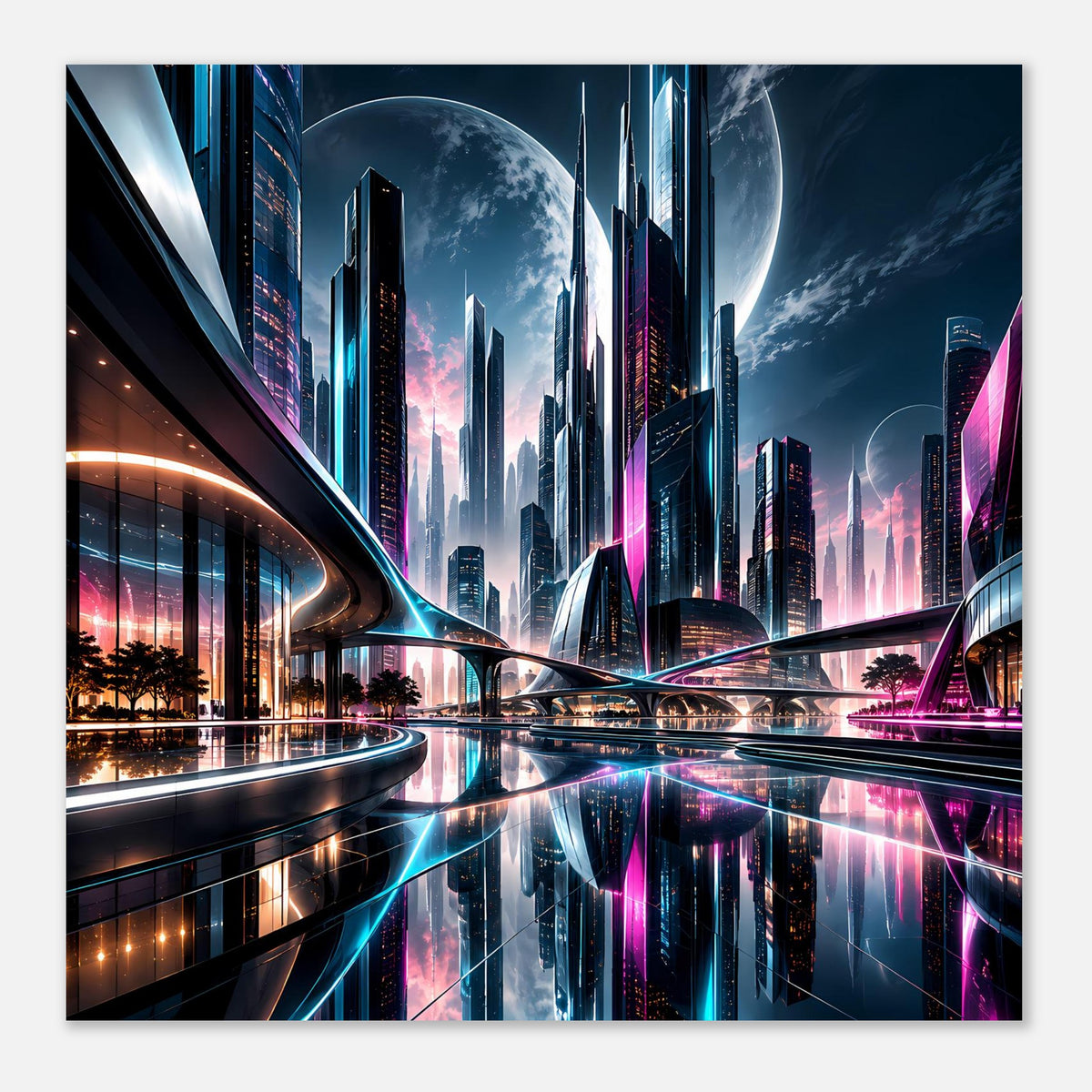 Neon-Stadtposter mit Mondsichel über Hochhäusern und farbigen Lichtkanten