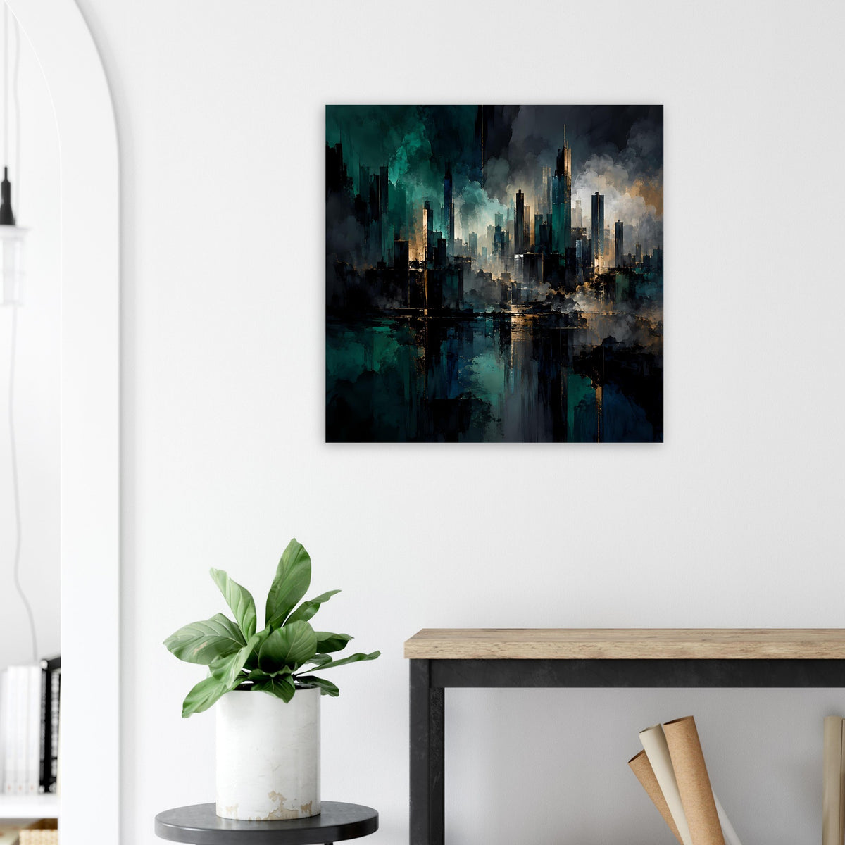 Quadratisches abstraktes Skyline-Poster mit türkisem Blau, dunklem Himmel und goldenen Akzenten.