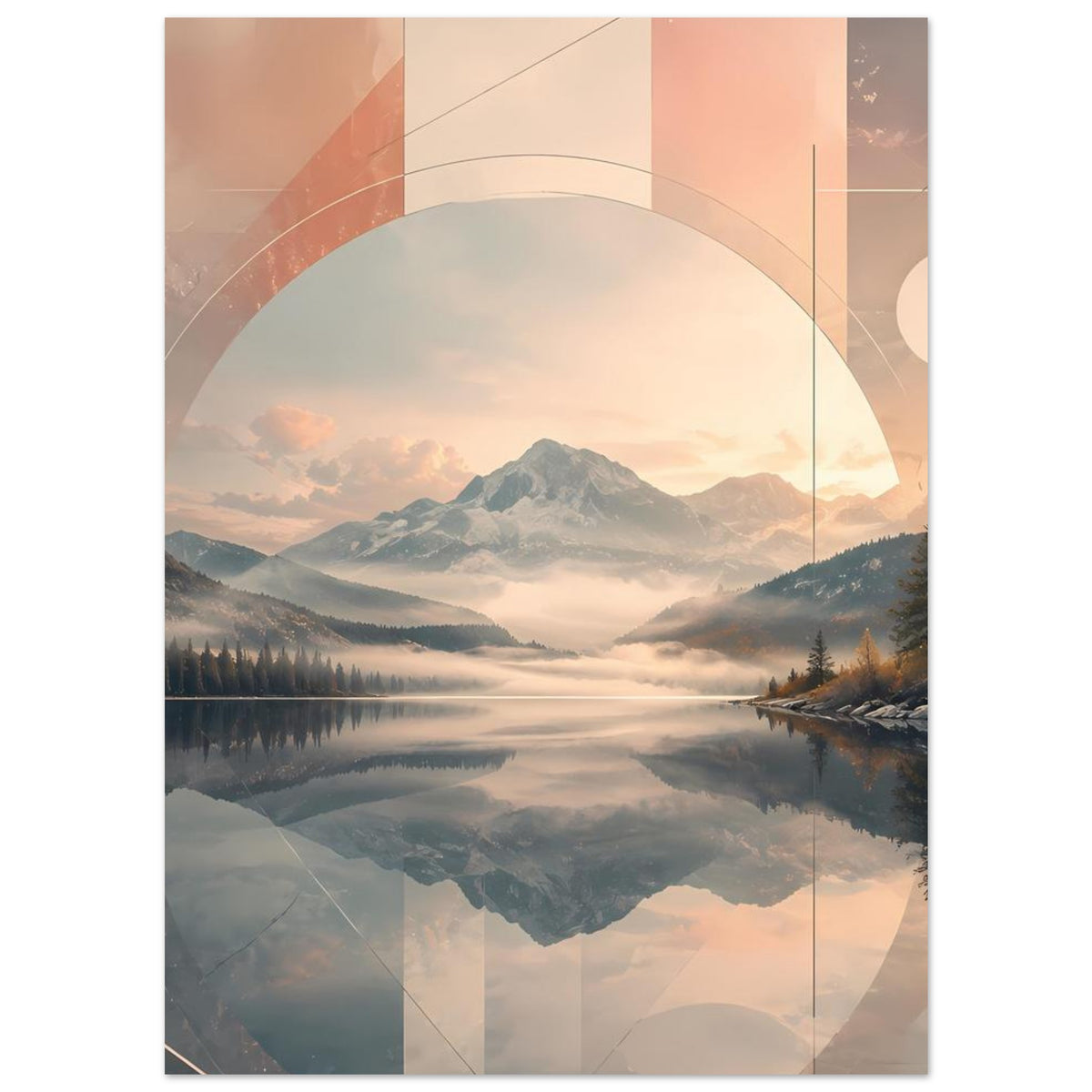 Vertikales Poster mit geometrischer Bergsee-Landschaft, großer Halbkreis und Pastelltöne