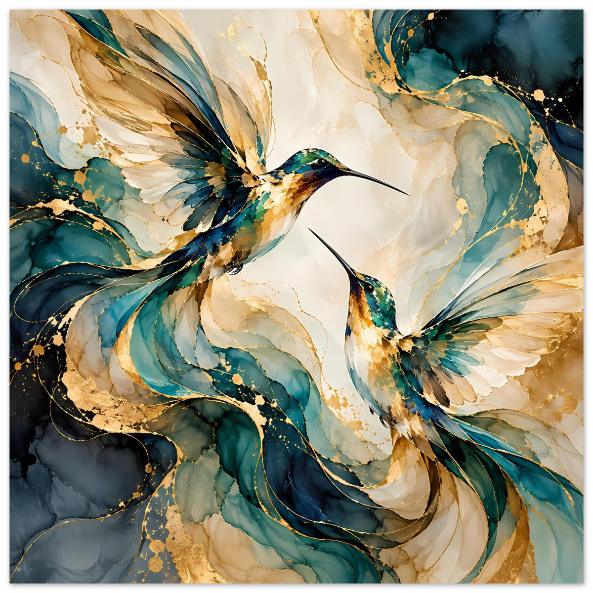 Vogelposter mit zwei Kolibris in Blau, Türkis und Gold, abstraktem Federwirbel