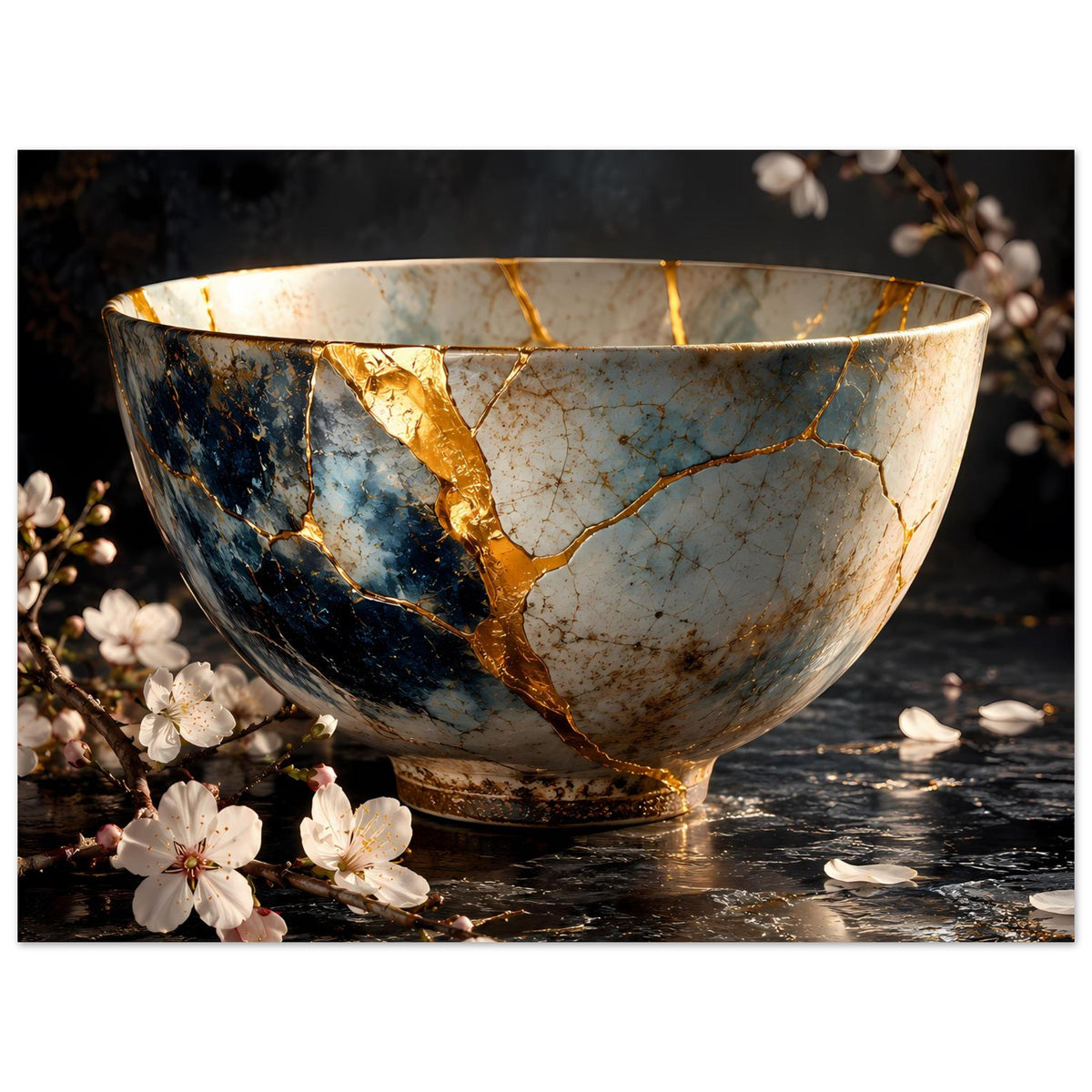 Poster mit Schale und goldener Kintsugi-Reparatur, feine Rissstruktur in Blau und Beige