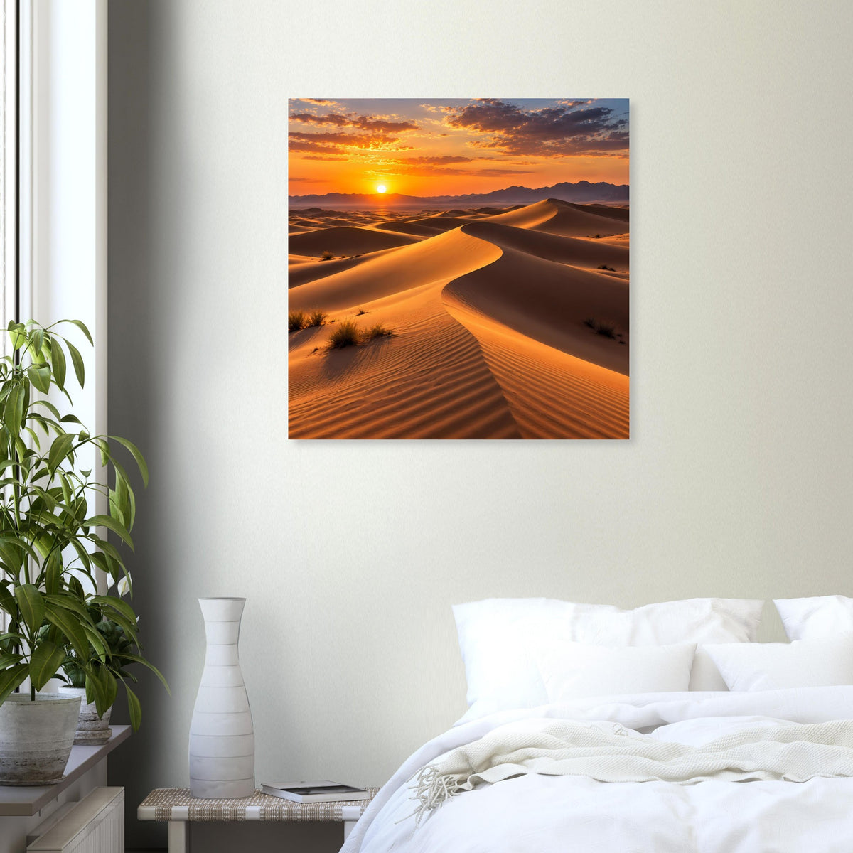 Quadratisches Poster mit Wüsten-Sonnenuntergang und Sanddünen, goldene und orange Farbtöne
