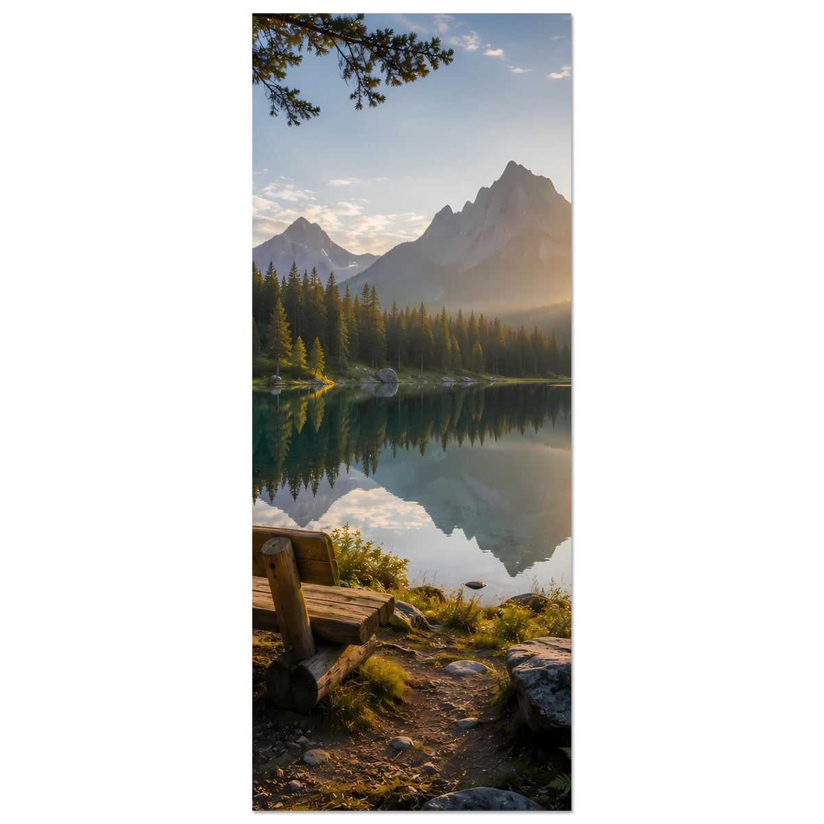 Hochformat-Poster mit Bergsee-Sonnenaufgang, Bank unten und Berge im Dunst