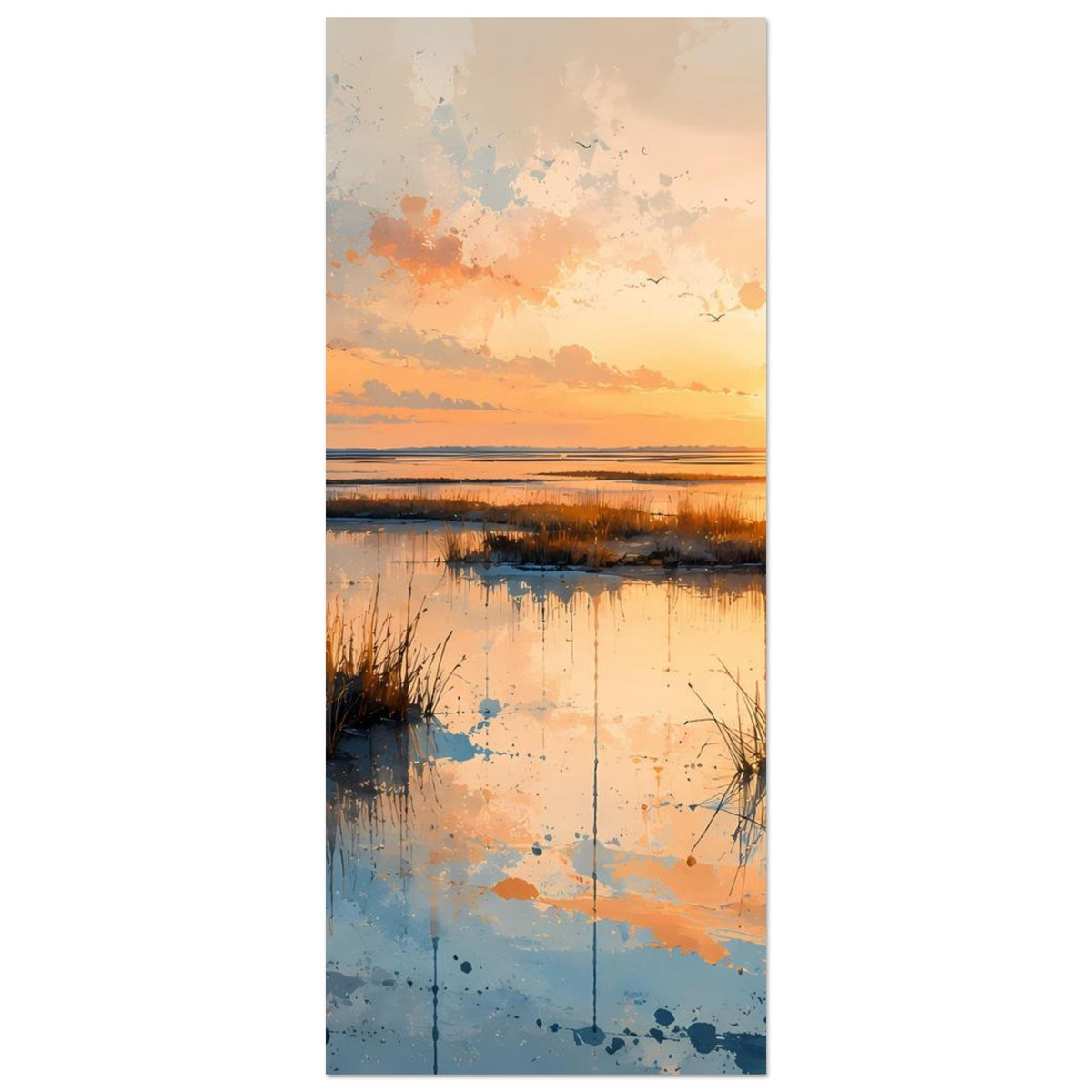Schmaleres Küstenlandschafts-Poster mit Sonnenuntergang, Wasserreflexen und Schilfstreifen