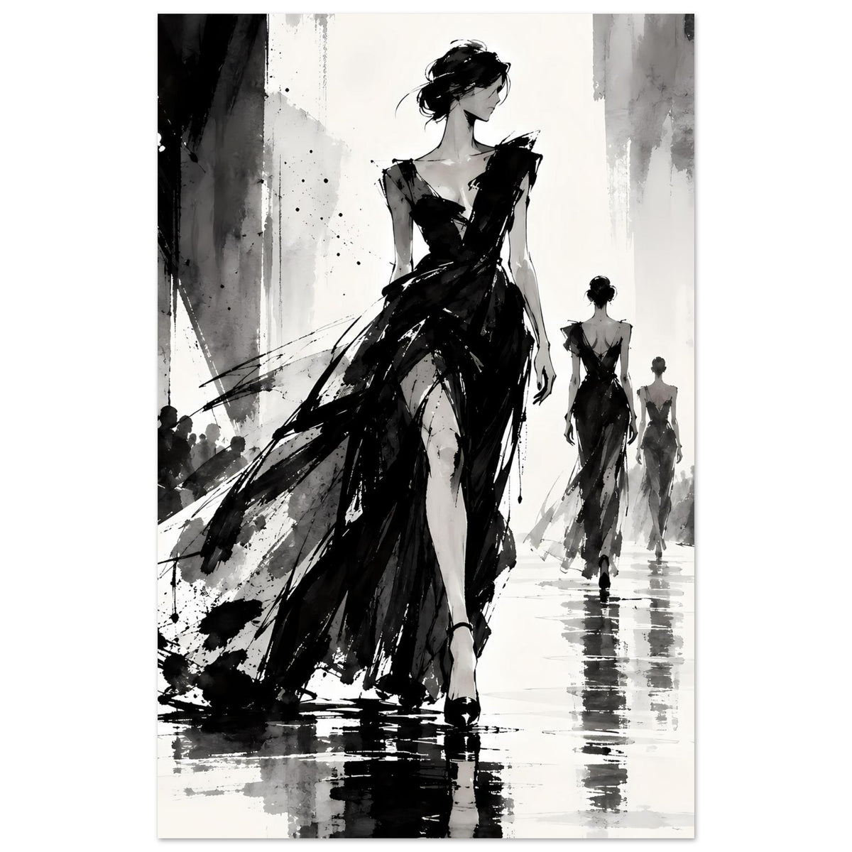 Mode-Illustrationsposter mit Blick auf die Hauptfigur im schwarzen Kleid und drei weitere Modelle