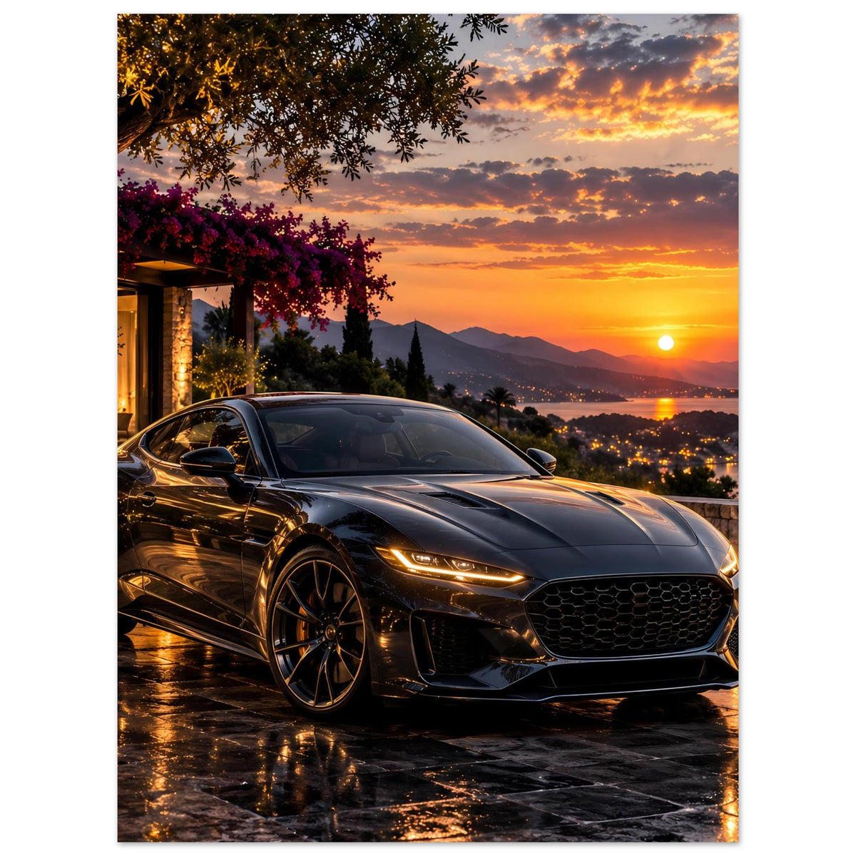 Poster im Hochformat mit schwarzem Sportwagen am Sonnenuntergang, Front nahe Schärfe