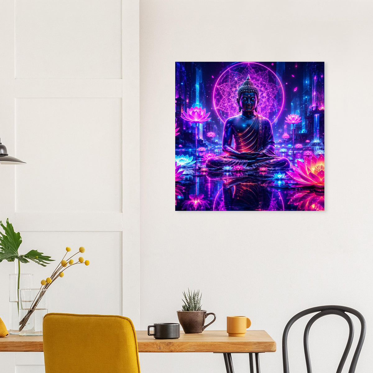 Neonfarbiges Poster mit Meditationsbuddha, rundem Lichtkranz und farbigen Lotusblüten