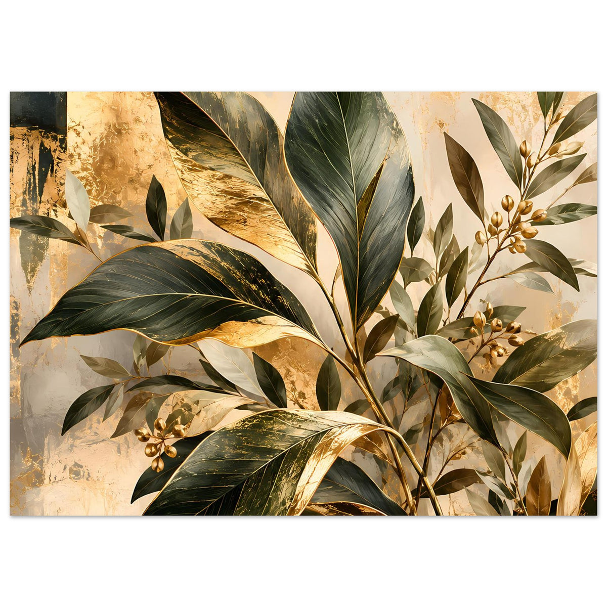Botanisches Poster als Querformat: große Blätter und goldene Akzente, Grün und Beige