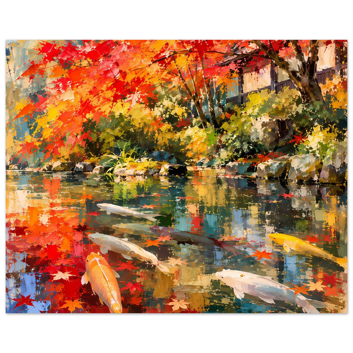 Herbstlicher Koi-Teich Kunstdruck mit Fischen, buntem Laub und ruhigem Wasser, breiter Ausschnitt
