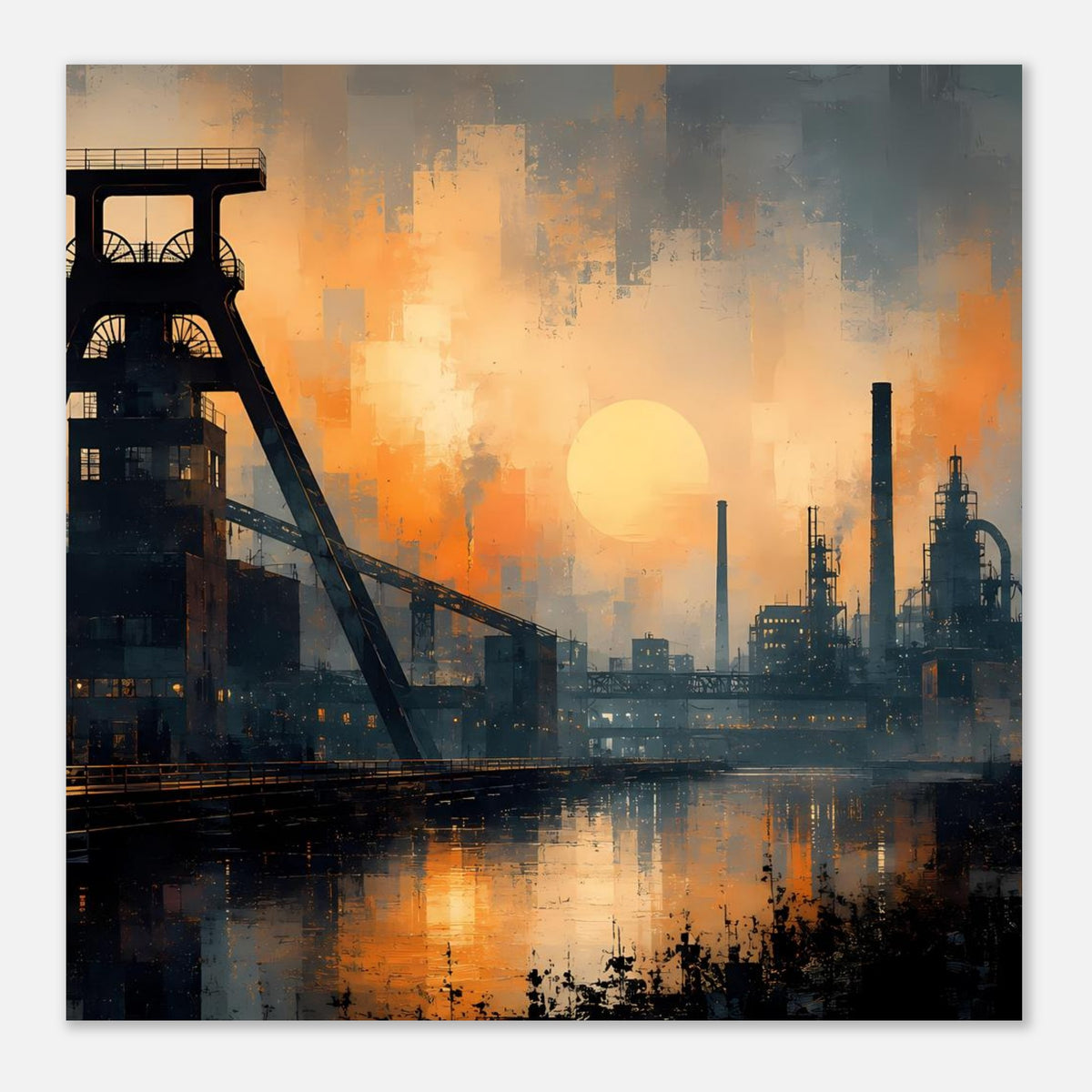 Industrielles Dämmerungs-Wandposter, Hochformat mit Brücke, Fabriken und orangefarbenem Himmel