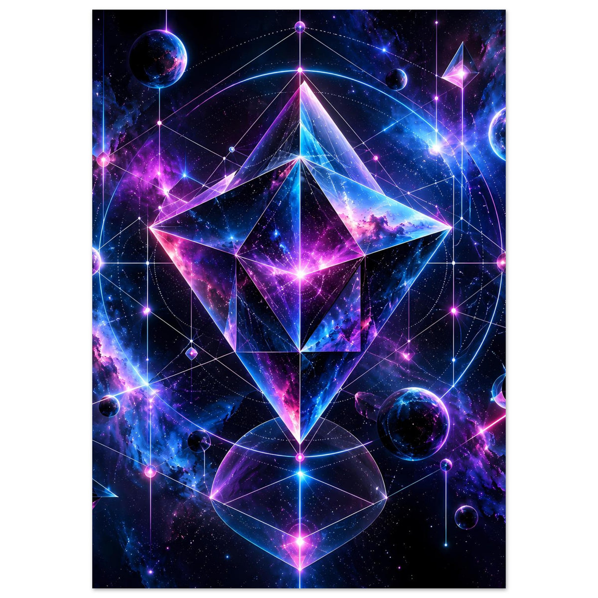 Vertikales Cosmic-Geometry-Poster mit zentralem Sternmotiv, Planeten und lila-blauen Linien