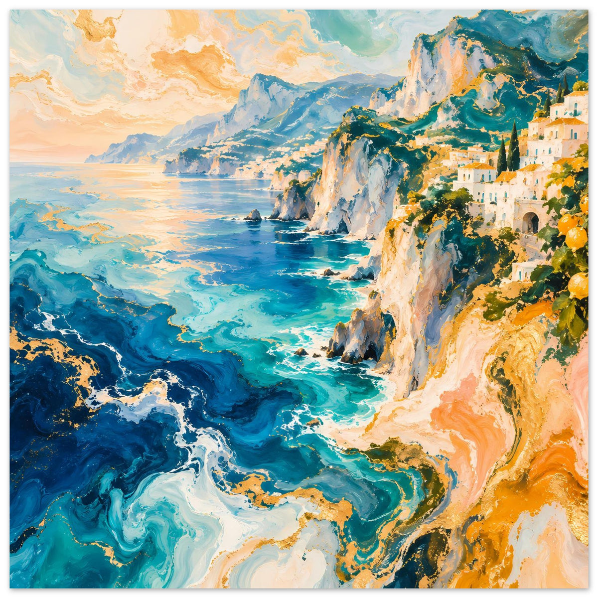 Küstenposter mit Sonnenuntergangsstimmung: schäumende Wellen, felsige Küste, grüne Vegetation