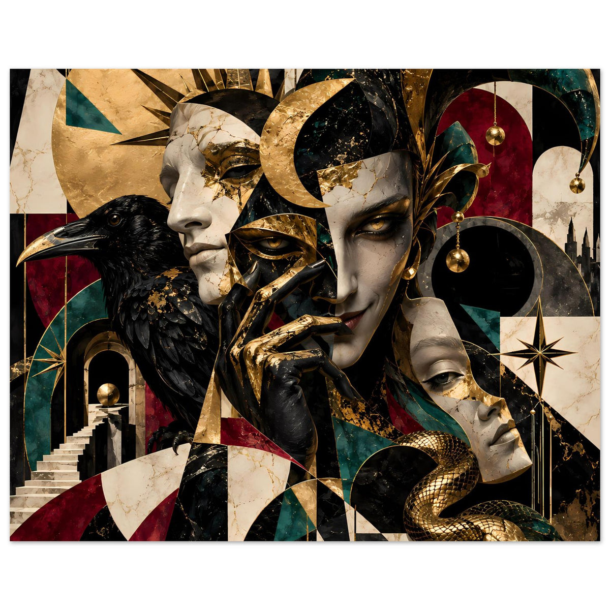 Kunstposter Panorama mit Masken-Porträts, goldenen Akzenten, Schlange und schwarzem Vogel