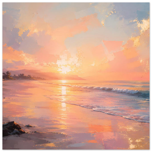 Poster mit pastellfarbenem Sonnenuntergang am Strand, spiegelndes Licht auf dem Wasser