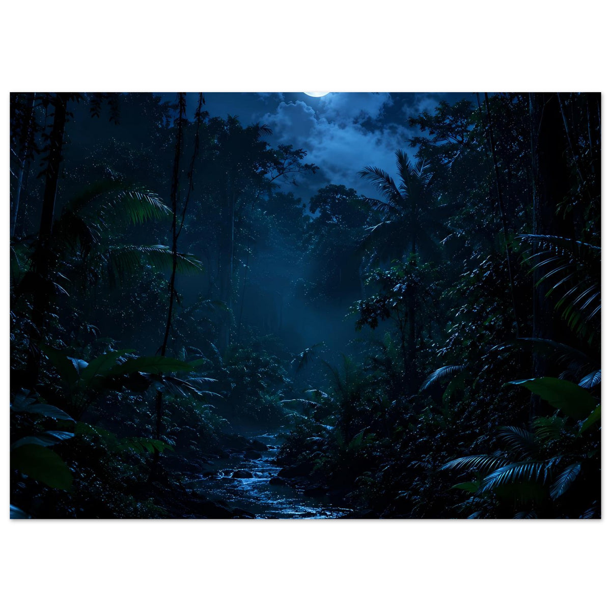 Poster: Dschungel bei Nacht mit Mondlicht über dichtem Grün, Blick in den Weg