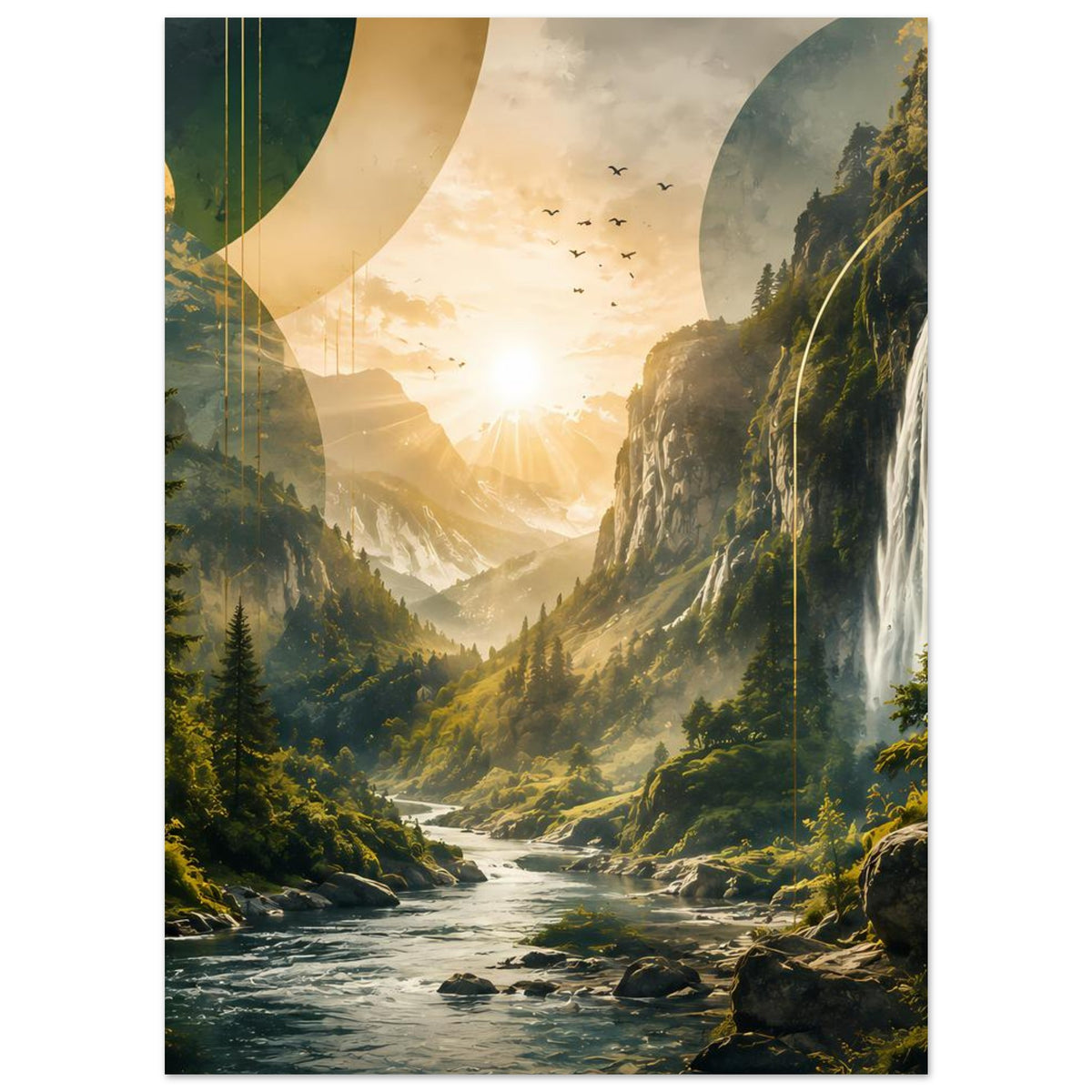 Landschaftsposter mit Wasserfall, Flusstal, Bäumen und goldenem Himmel, vertikal