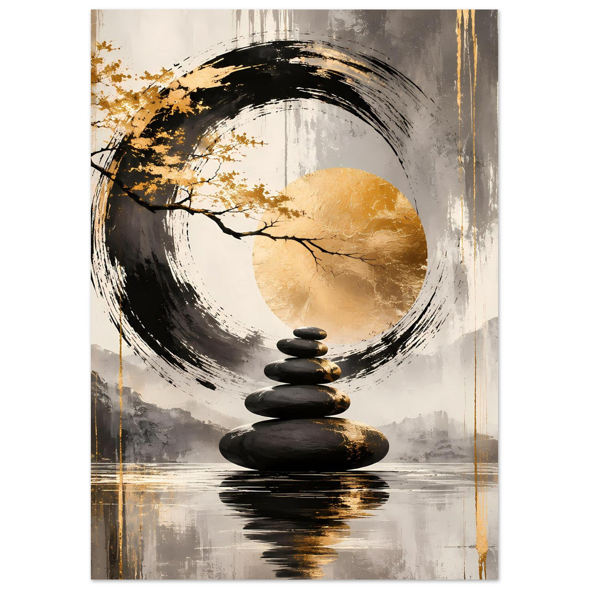 Zen-Art Poster, mittig: goldener Kreis, schwarzer Pinselring und Steinstapel Motiv
