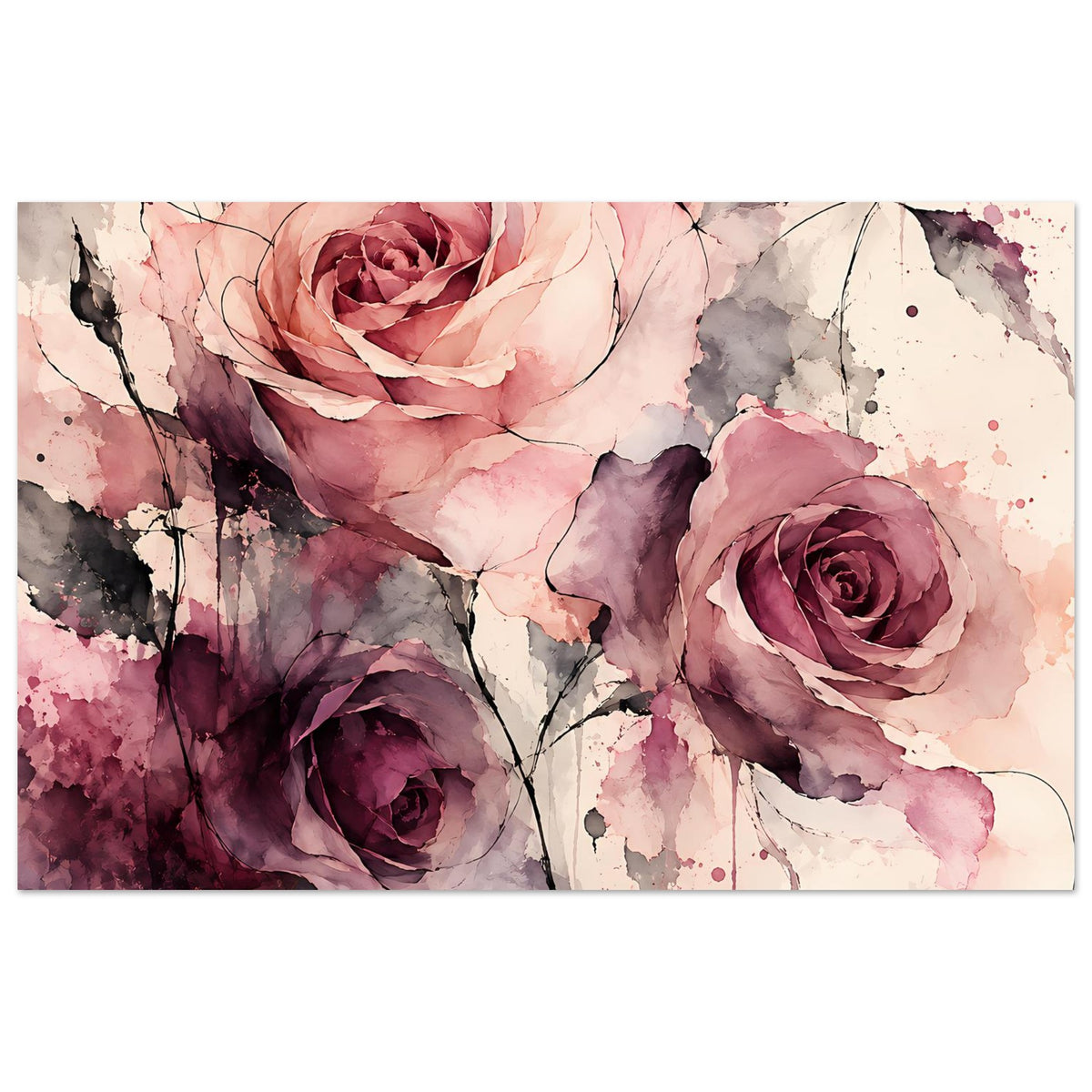 Wasserfarben-Rosenposter mit rosa, pflaumenfarbenen und grauen Blüten, mit Zweigen