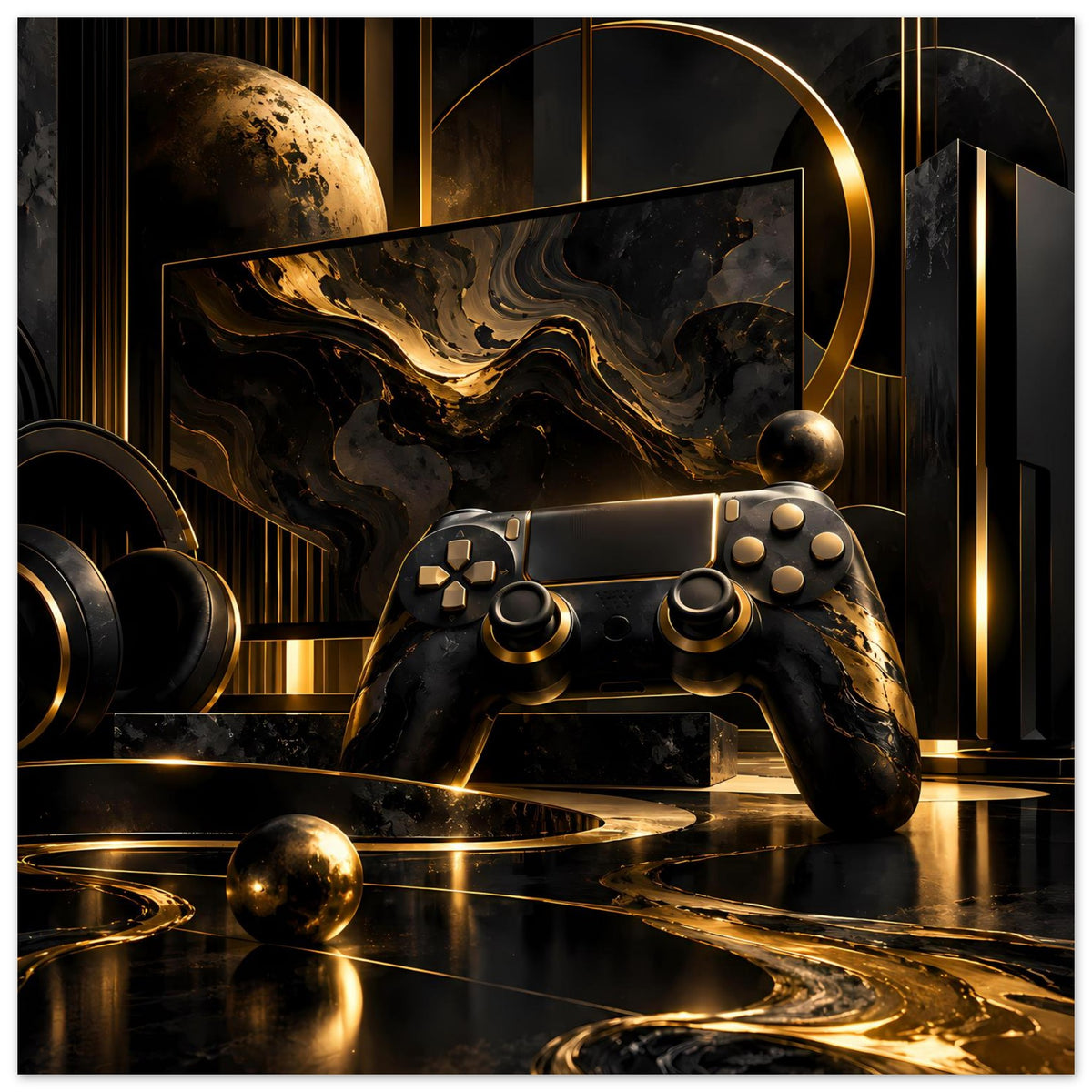 Gaming-Poster mit Gamecontroller in Schwarz und Gold, großer Ringbogen und planetarische Kugel