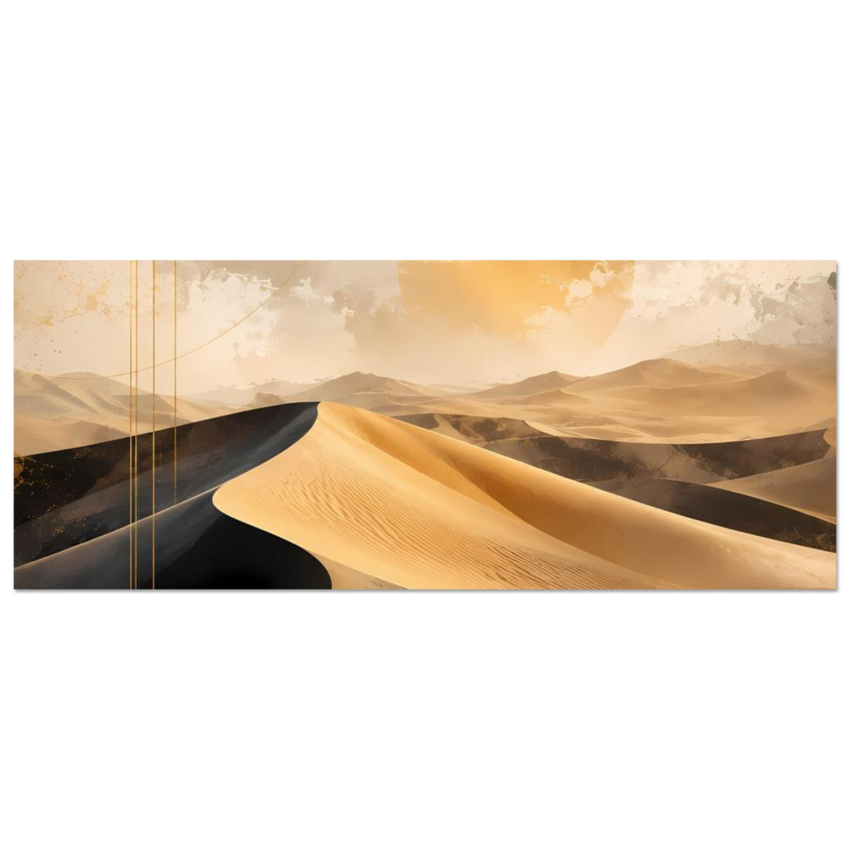 Wüstenposter querformat: goldene Sanddüne und schwarze Bereiche, Sonnenscheibe im Hintergrund