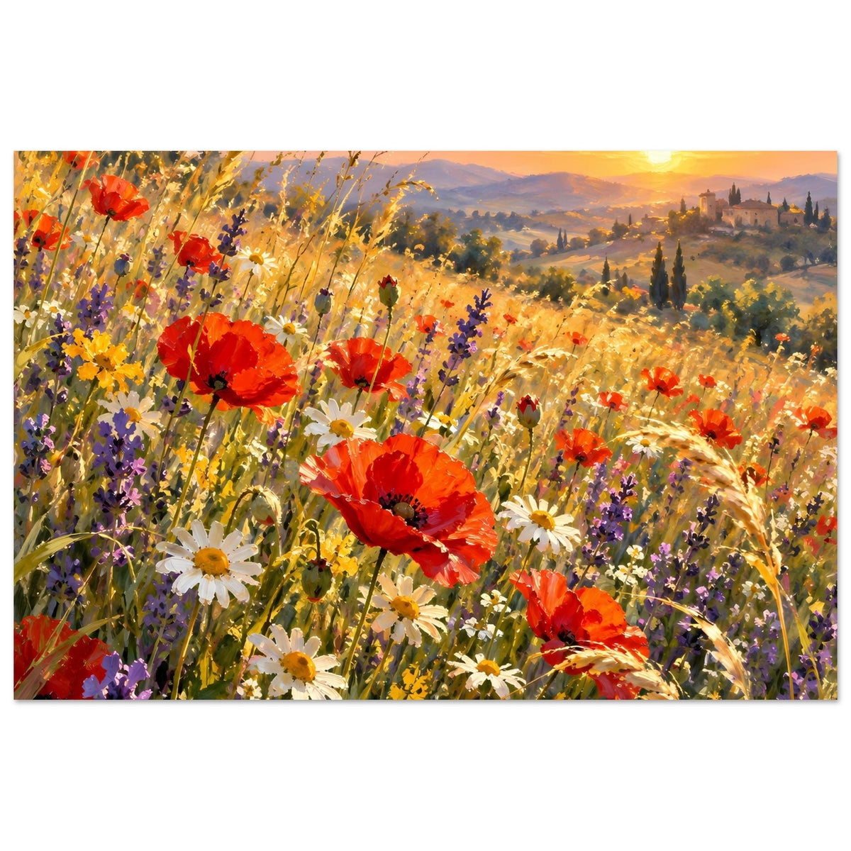 Poster mit Wildblumenmeer, gelben und weißen Blüten sowie roten Mohnblüten