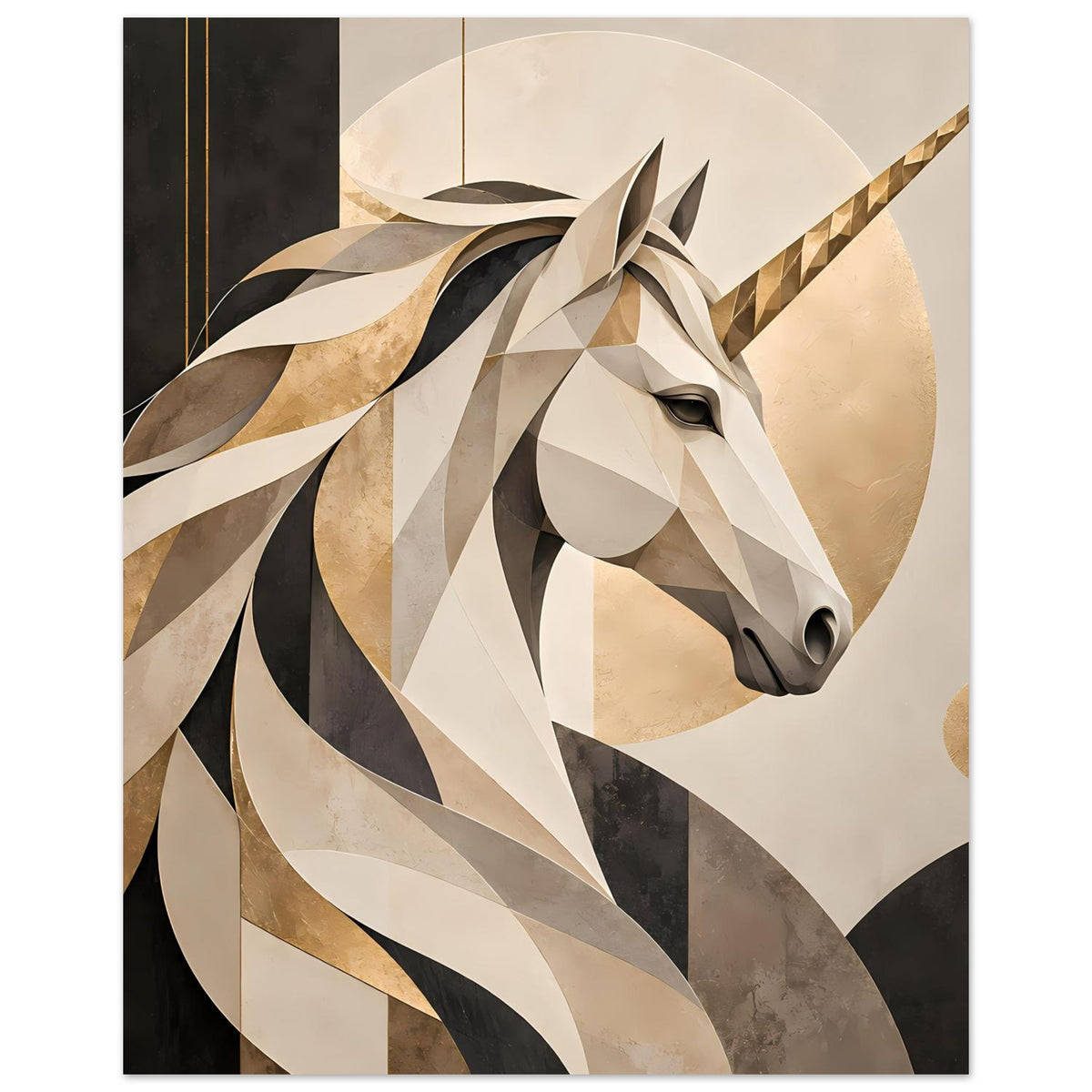 Einhorn-Porträtposter mit Nahansicht vom Kopf, geometrischen Fellflächen und Horn
