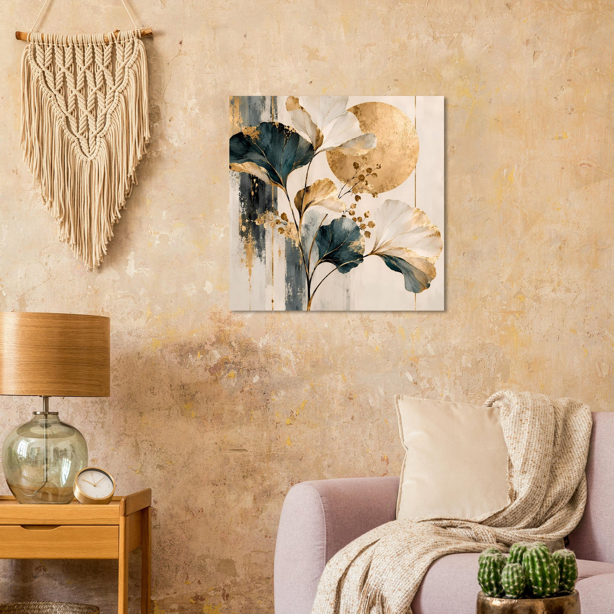 Wandmontiertes Poster mit goldenen Ginkgoblättern und Sonnenscheibe, Blau- und Goldakzente
