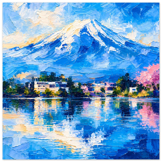 Poster mit Berglandschaft: blauer Berg, See mit Spiegelungen und farbige Stadtansicht