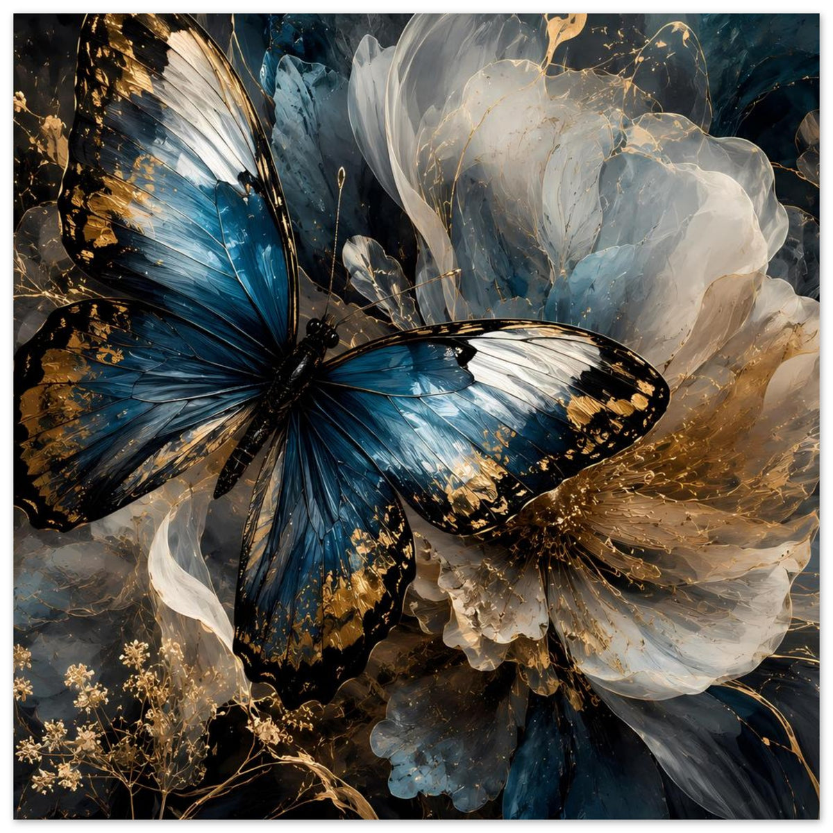 Premium-Poster mit Schmetterling: große blaue Flügel, weiße Formen, goldene Verzierungen