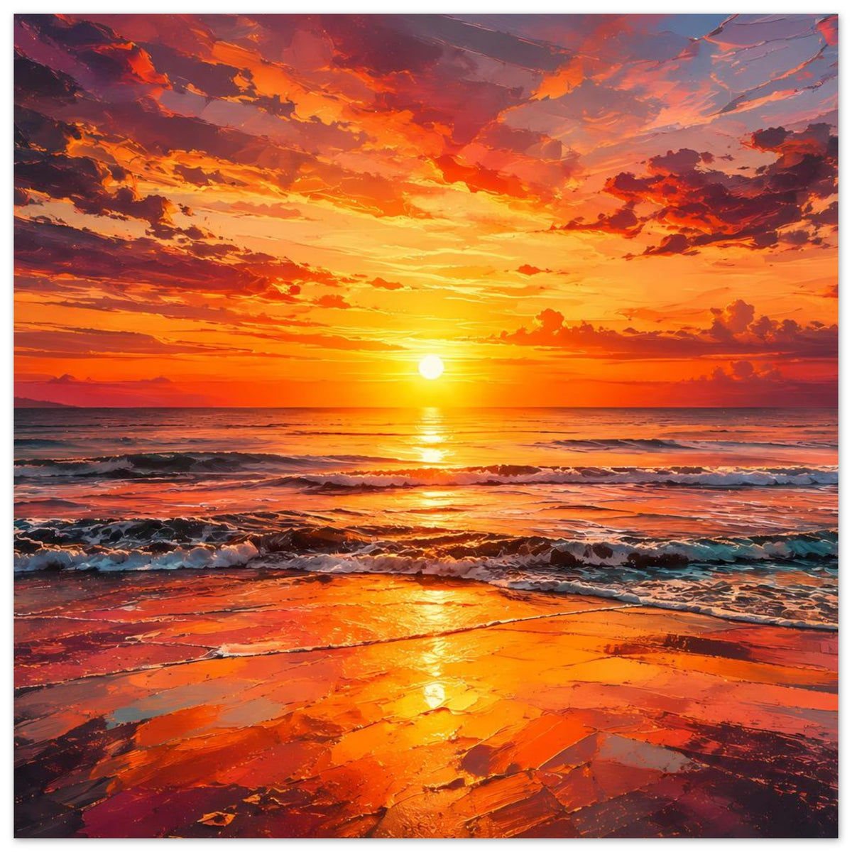 Querformatiges Poster mit Meerblick beim Sonnenuntergang, orangefarbener Himmel und schäumende Brandung
