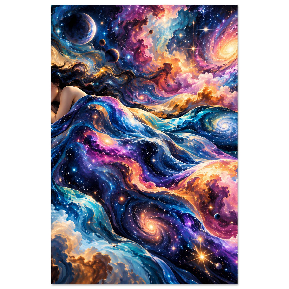 Vertikales Poster mit Galaxie-Motiv und schlafender Frau, Sterne, Nebel und Planeten