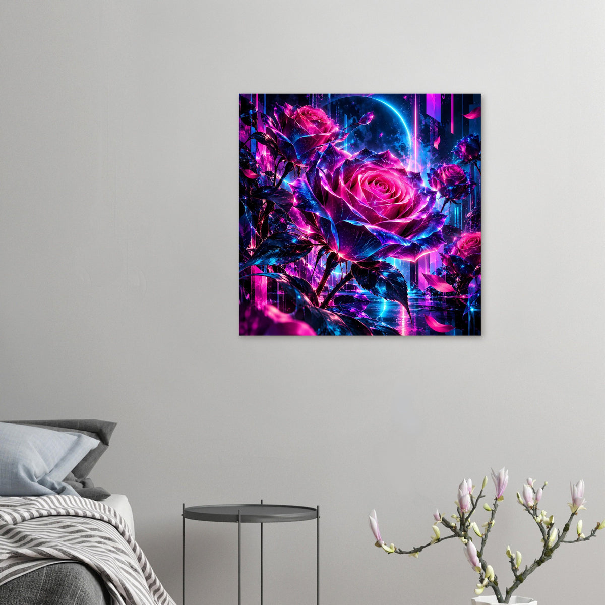 Kleines Kunstposter: Neonrose mit pink-blauen Lichteffekten, florales Abstract-Design