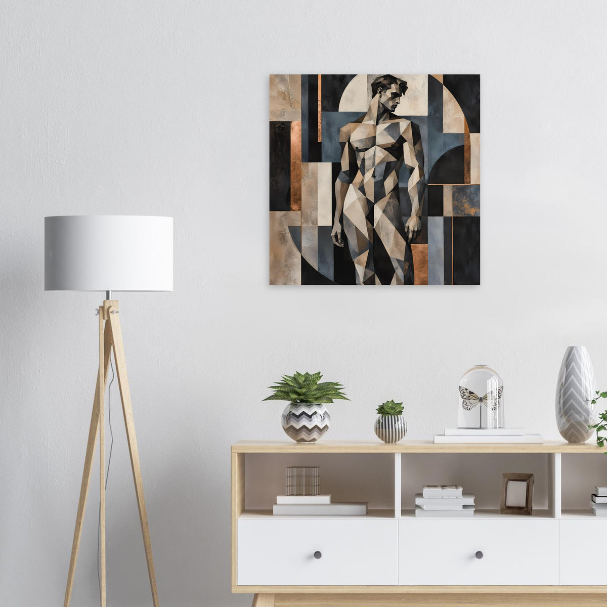 Kunstposter mit geometrischer Aktfigur in warmen Erdtönen, abstraktes Blockmuster