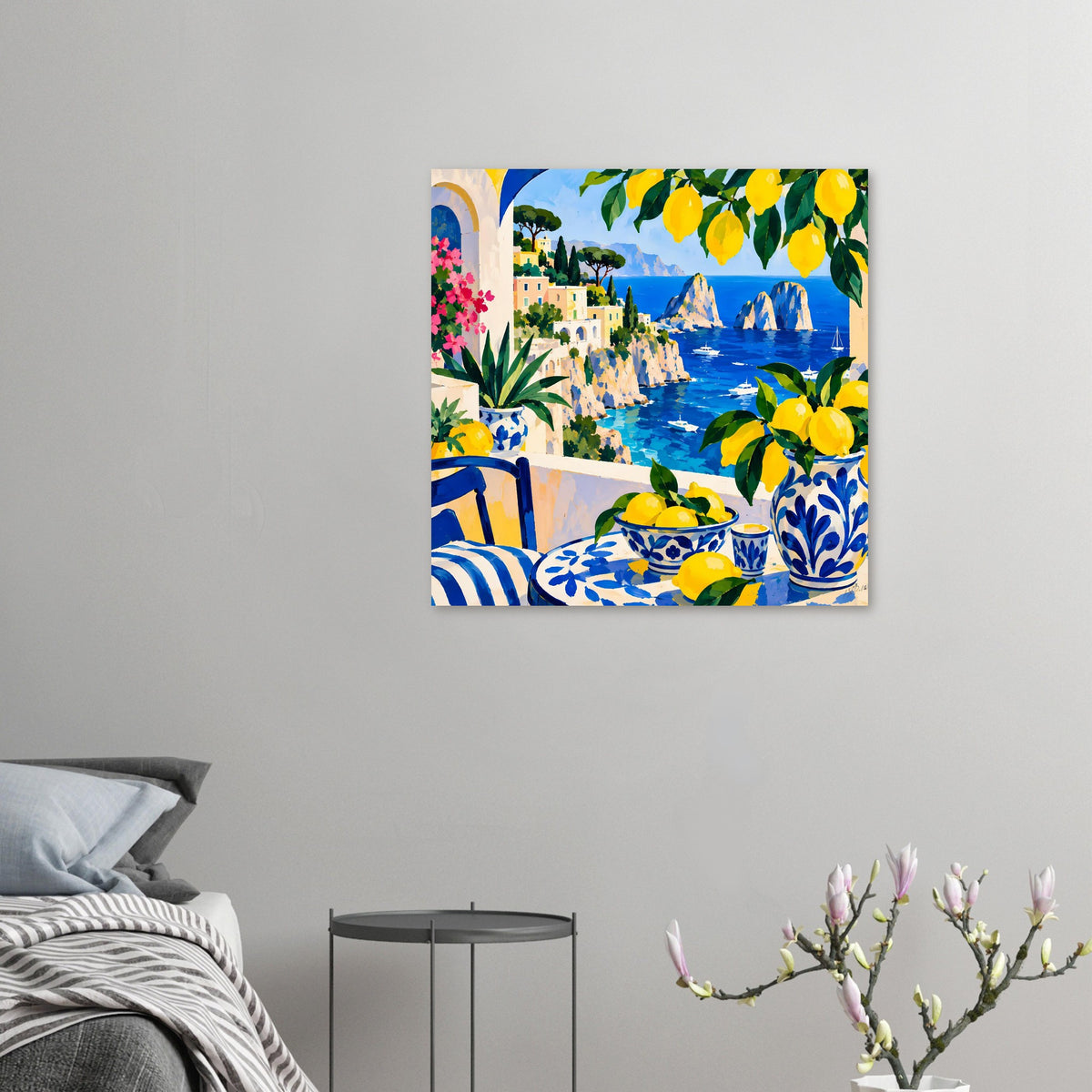 Gerahmtes Zitronen-Poster an der Wand: blaues Meer, Küstenstadt und gelbe Früchte