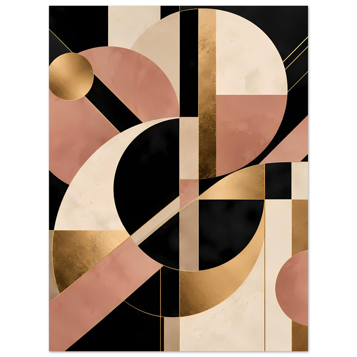 Art-Deco-Poster mit Goldkugel und gemusterten Kreisbögen in Schwarz, Blush und goldenen Flächen