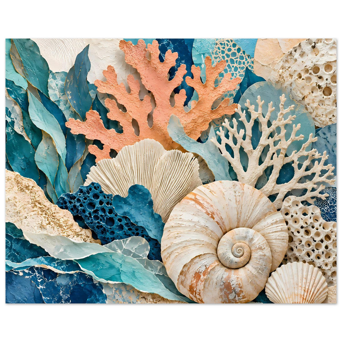 Korallen- und Muschelposter im Querformat mit Spiralmuschel, verzweigter Koralle und blauem Riff