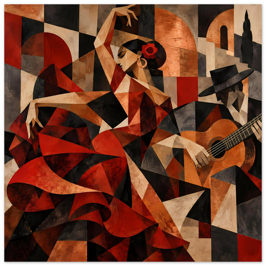 Kunstposter mit abstrakter Flamenco-Tänzerin in Rot- und Erdtönen, Gitarre rechts