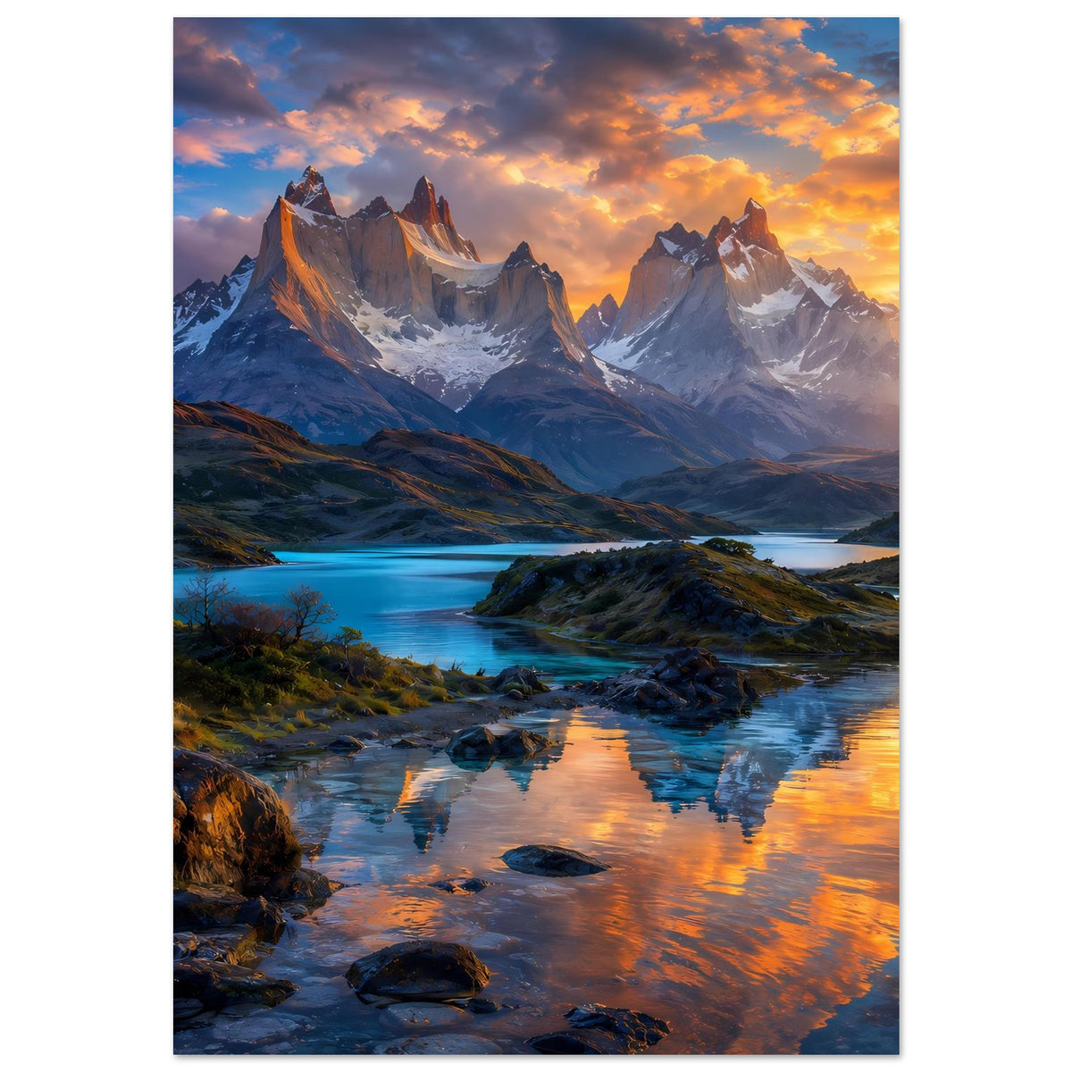 Vertikales Wandposter mit Berglandschaft und Sonnenuntergang über See, Felsen und Uferweg.