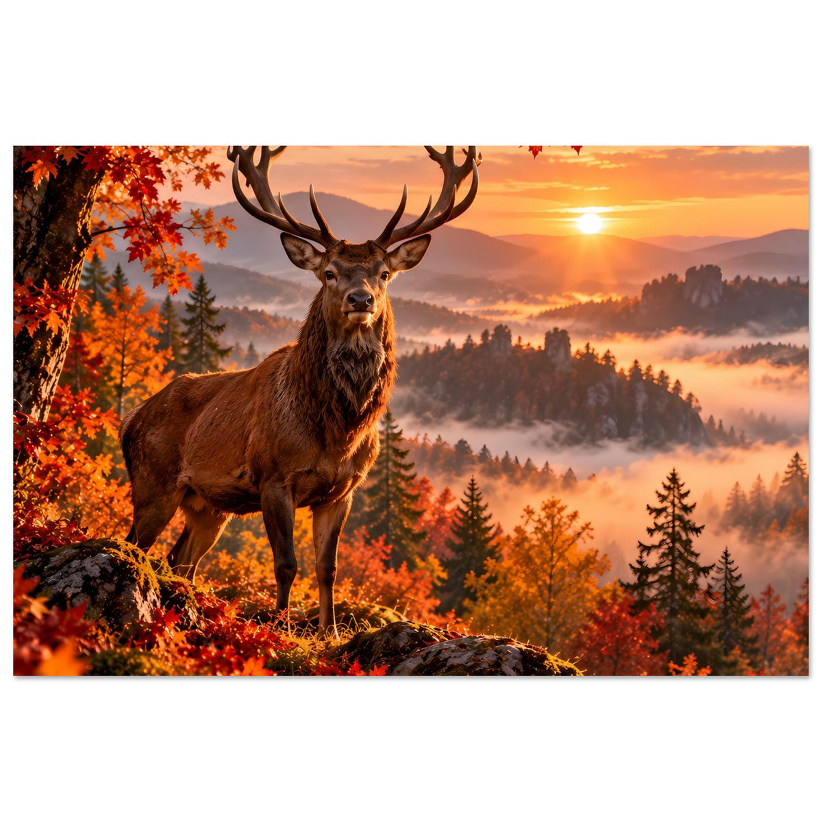 Herbstliches Hirschposter mit braunem Hirsch, orangefarbenem Laub und warmem Abendhimmel