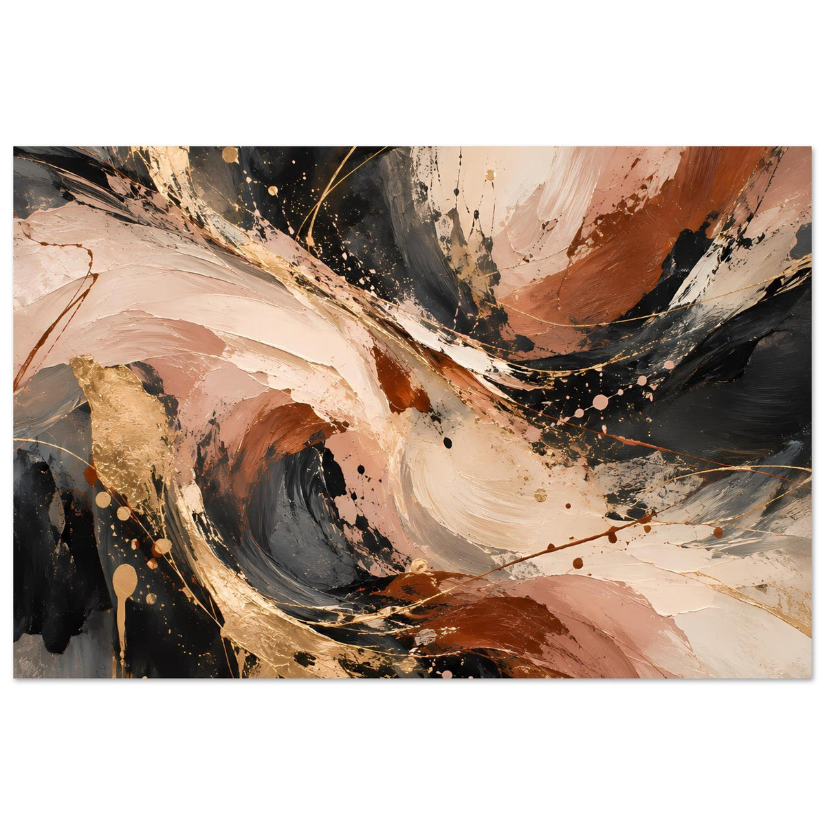 Abstraktes Kunstposter im Querformat: beige und braune Swirls mit schwarzen Linien und Spritzern
