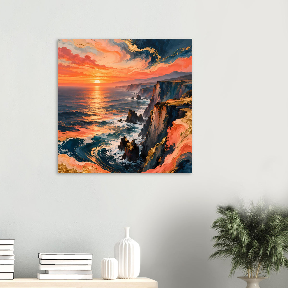 Quadratisches Poster Steilküste im Sonnenuntergang, orangefarbener Himmel und dunkle Klippen