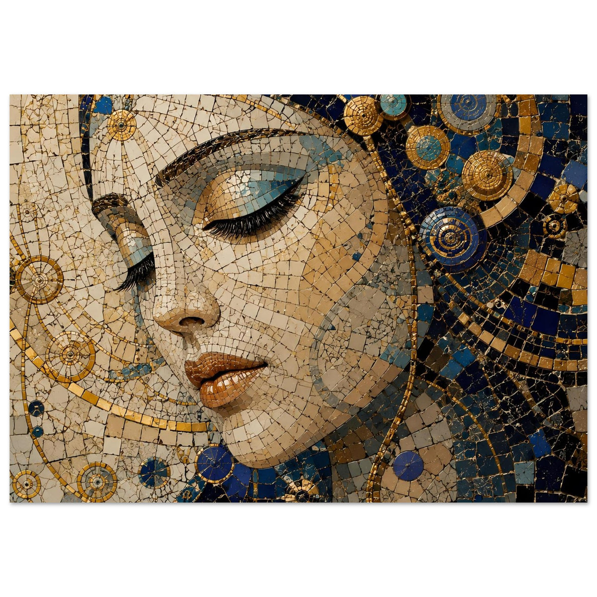 Poster mit Mosaik-Gesicht, blaue und goldene Flächen, dekorative Kreise und Muster