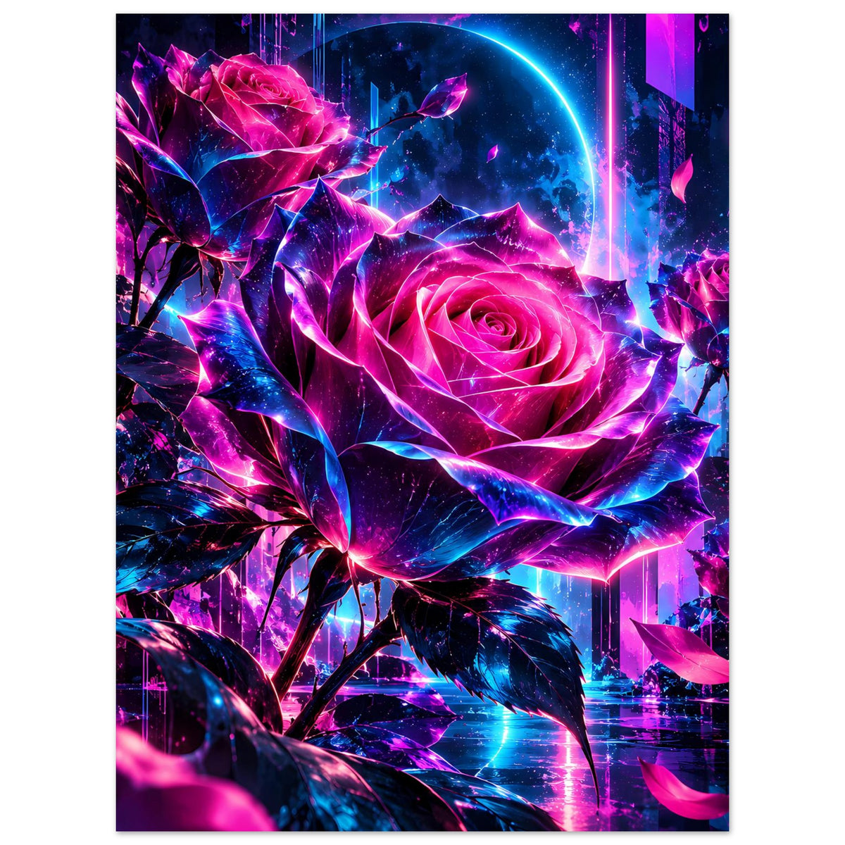 Kunstposter mit großer Pinker Rose, umgeben von violetten Blättern und blauen Glanzakzenten