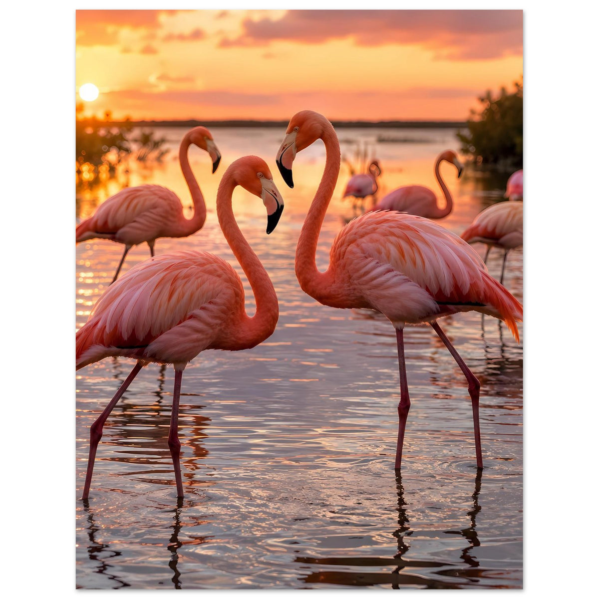 Poster im Hochformat: Flamingos am Seeufer, warmes Licht bei Sonnenuntergang