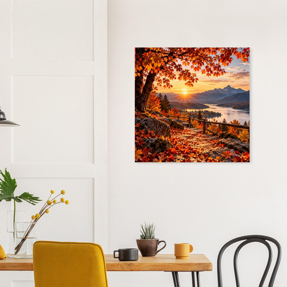 Landschaftsposter mit goldenem Sonnenuntergang, Weg durch Wiesen und leuchtenden Herbstfarben