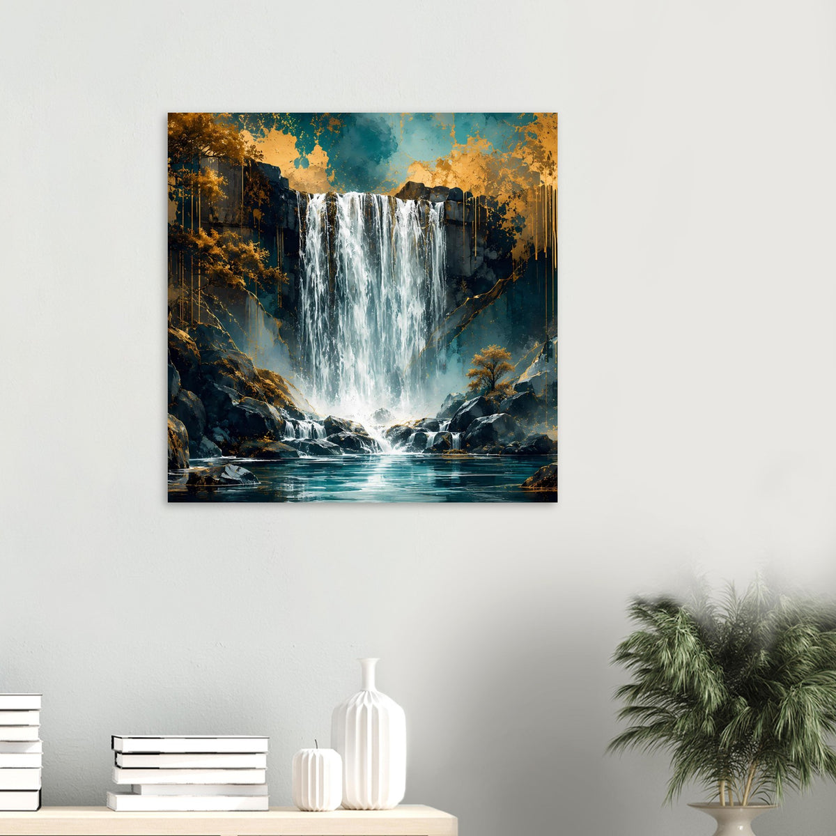 Rechteckiges Wasserfall-Poster mit türkisfarbenem Wasser, Felsen und goldenen Akzenten