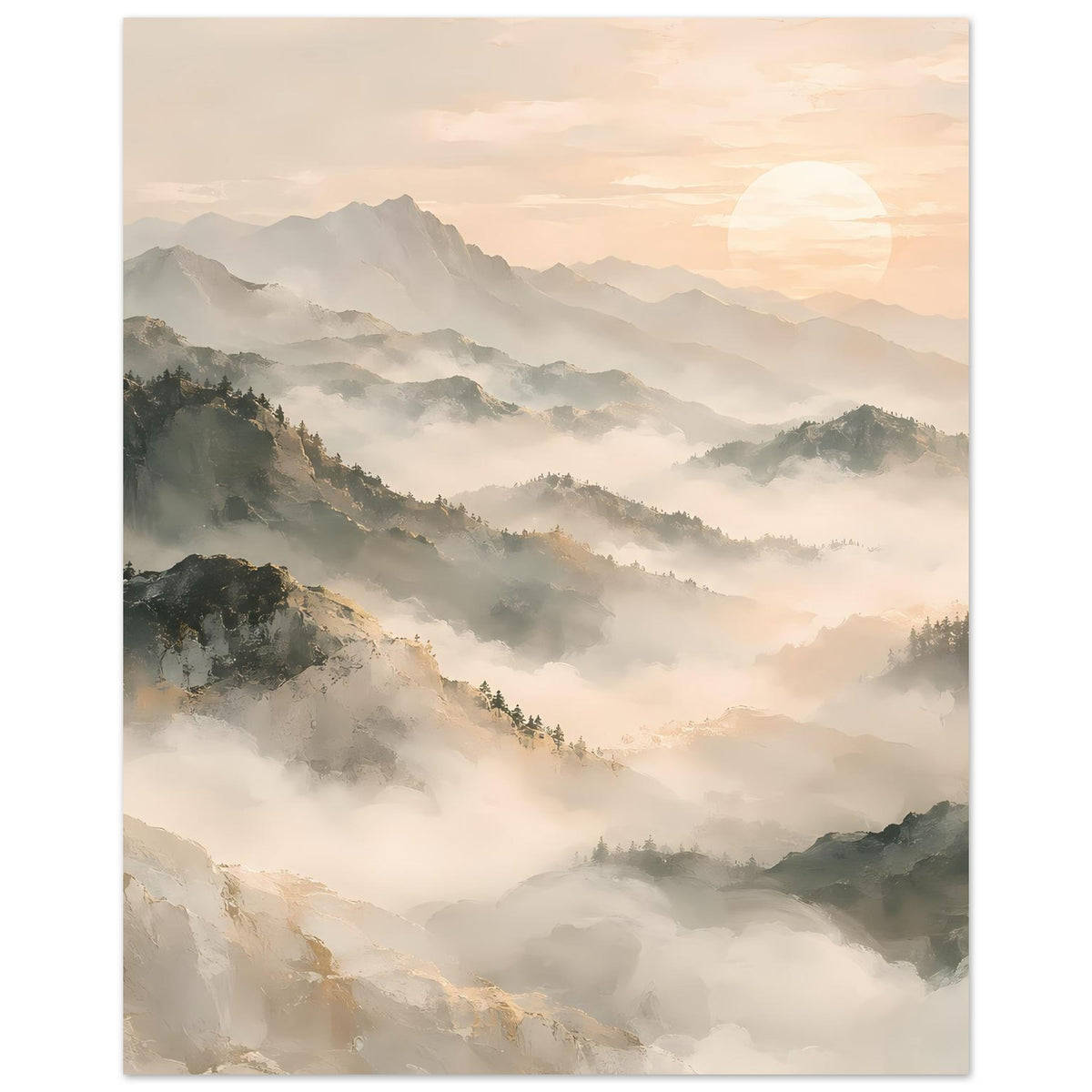 Wandposter im Hochformat mit Bergnebel, düsteren Waldhängen und goldener Himmelsfarbe
