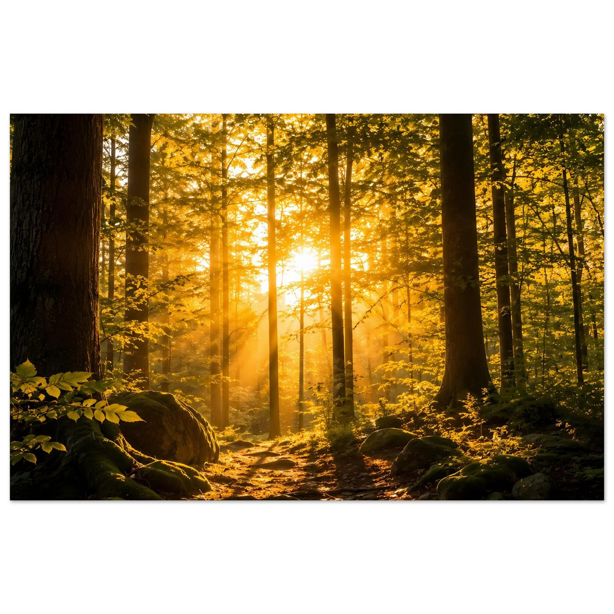 Poster mit Waldpfad, warmes Umgebungslicht, Steine und Büsche am Weg, breitformat
