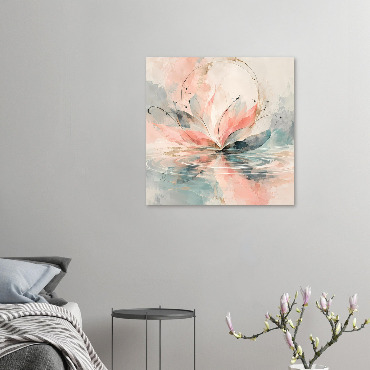 Kleines Kunstposter: Aquarellblüte in Rosa mit pastellblauen Akzenten und Kreislinien